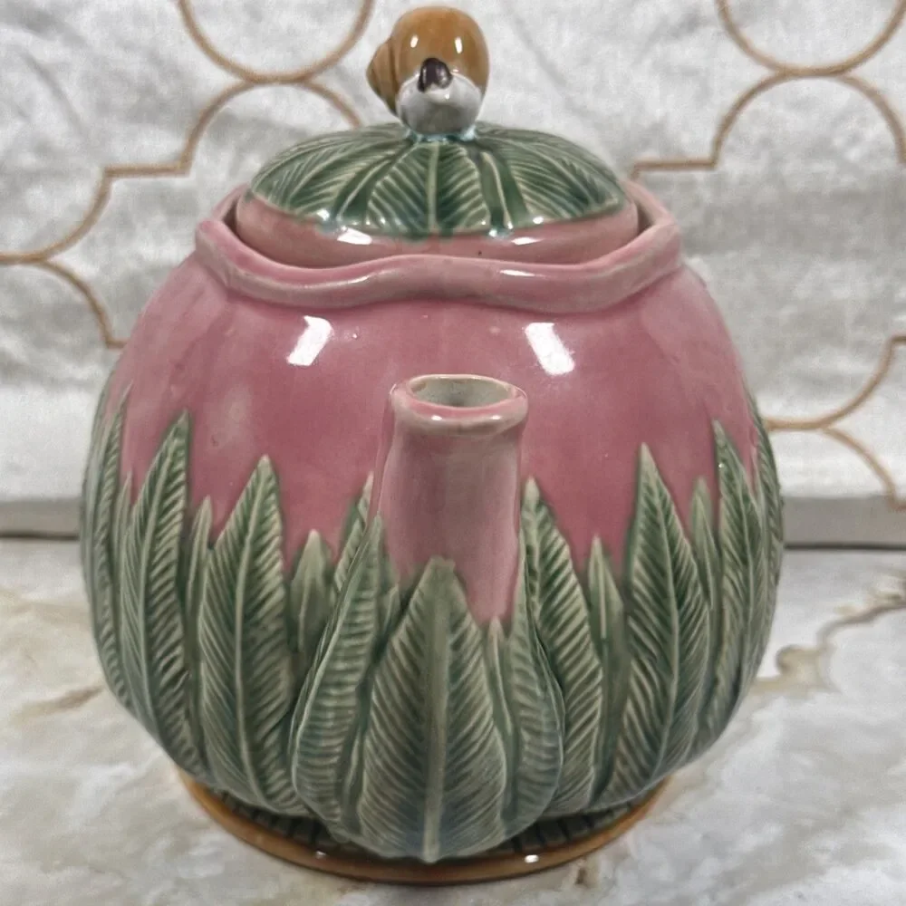 Nouveau Majolica Teapot Pink with Green Leaves Snail on Lid